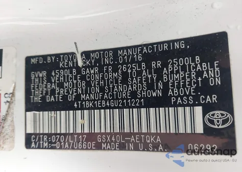 2016 Toyota Avalon Touring z USA, uszkodzony, nr VIN 4T1BK1EB4GU211221